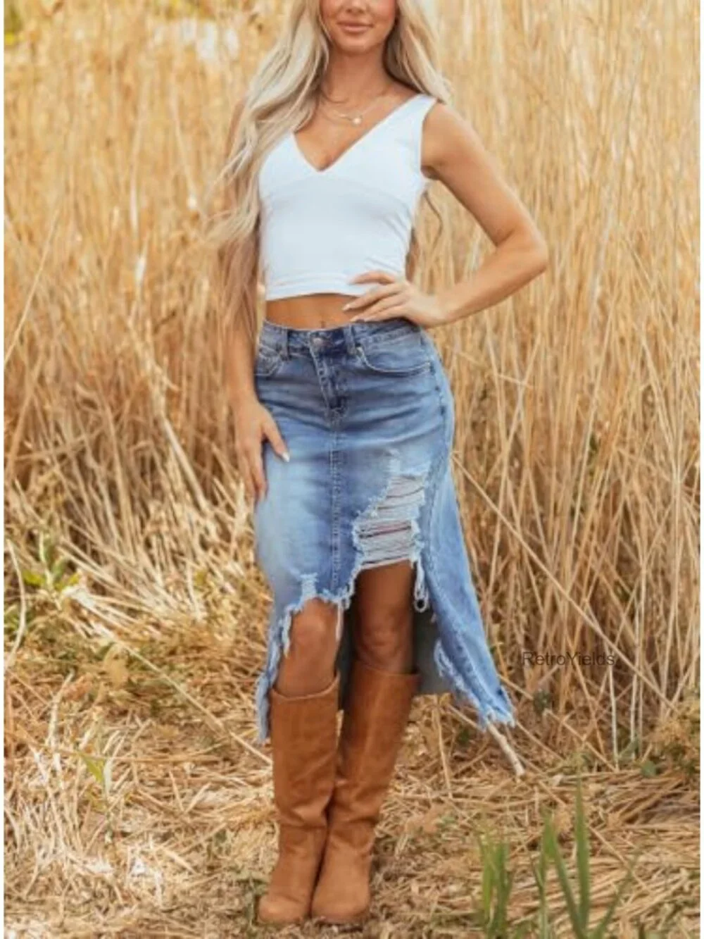 High Waist Distressed Denim Midi Skirt with Frayed Hem, Slit, Asymmetrical - Picture 4 of 4